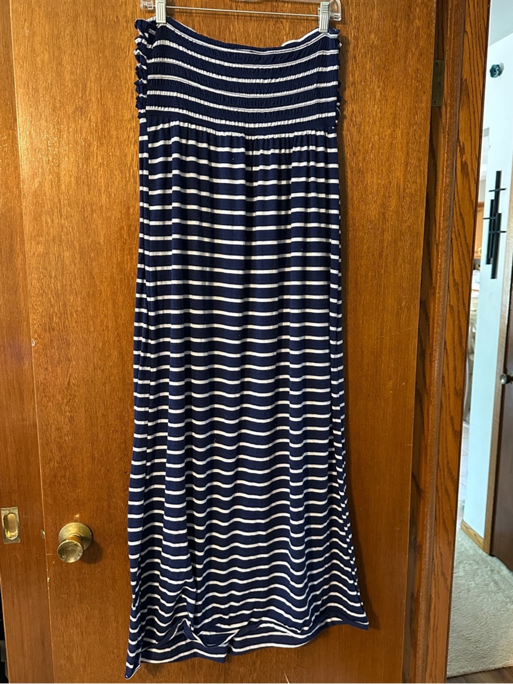 Xhilaration Navy White Striped Dress Maxi Strapless Ruched Front - Picture 4 of 6